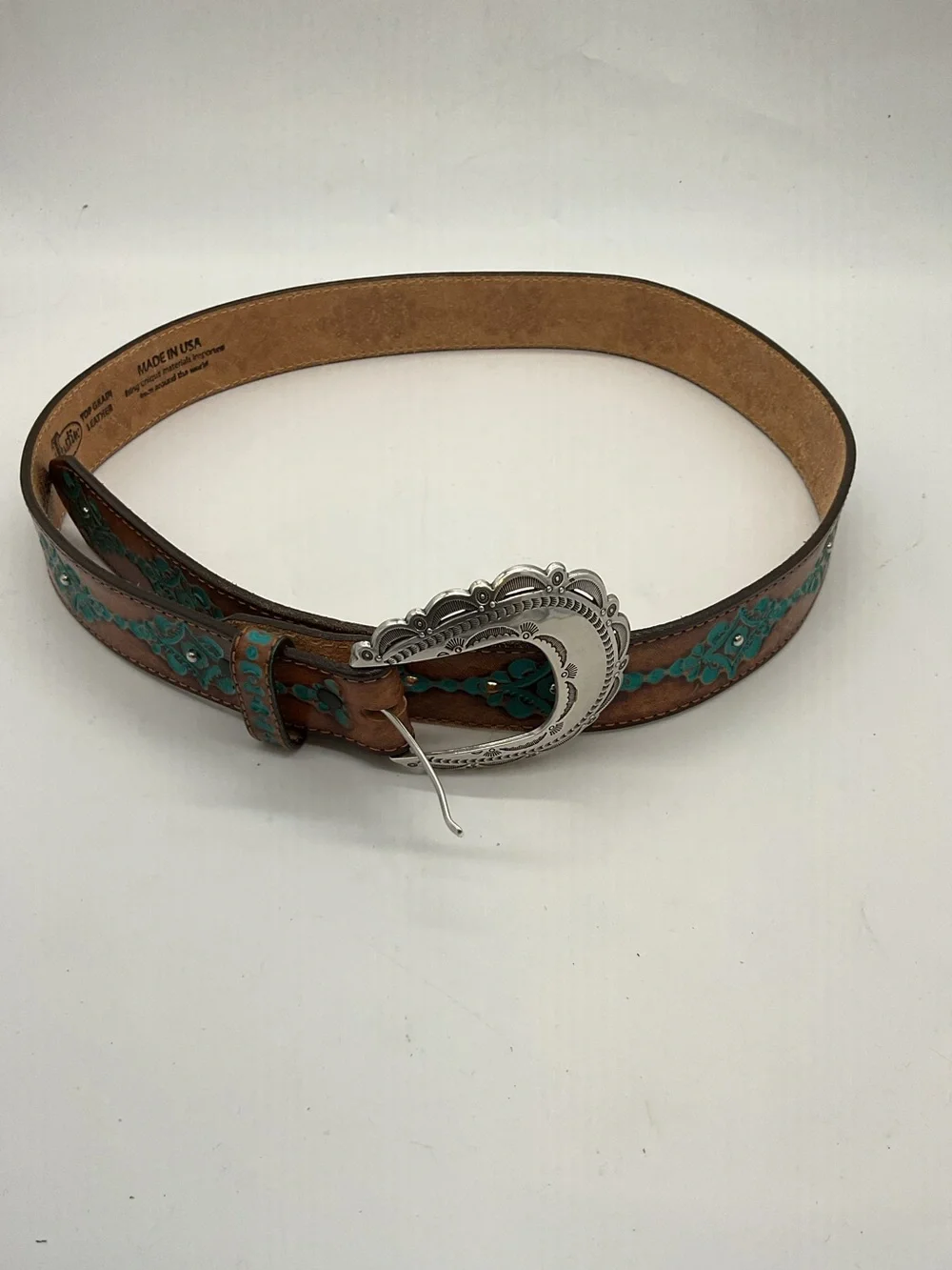 Justin Boots Brown Leather Belt with Turquoise Floral Accents and Silver Buckle